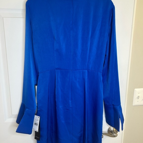 ADRIANNA PAPELL faux SATIN WRAP DRESS WITH LONG SLEEVES dark blue size 8 NWT - Picture 14 of 16